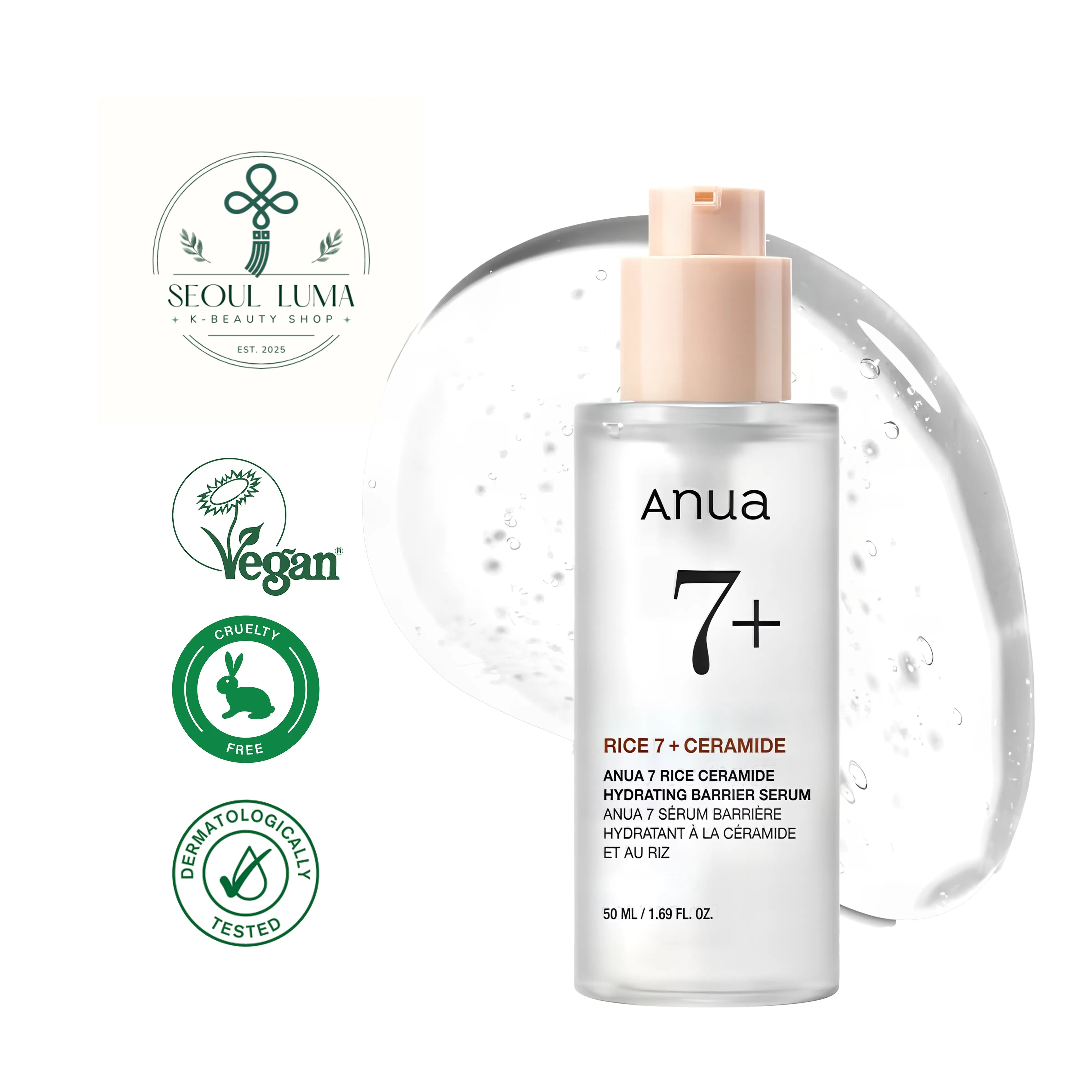 ANUA Rice 7 Ceramide Hydrating Barrier Serum with RICERA+ complex, ceramides, and 3% niacinamide for barrier repair and glass skin effect